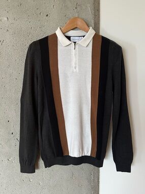 Topman Black, Brown & Cream Zip Polo Sweater XS